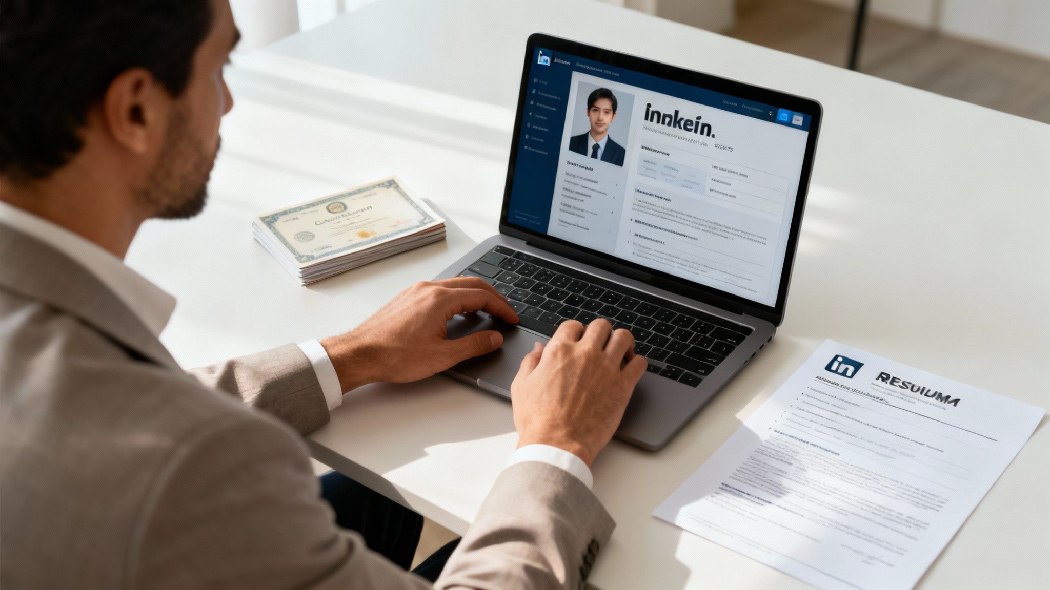 Man updating his professional profile on a laptop, with certificates and a resume on the desk.