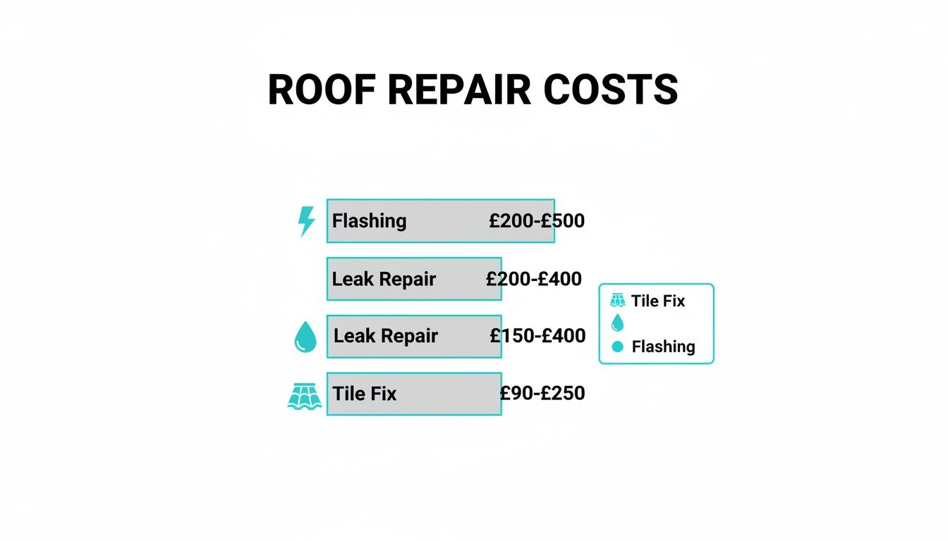 Detailed breakdown of common roof repair costs including flashing, leak repair, and tile fix services.