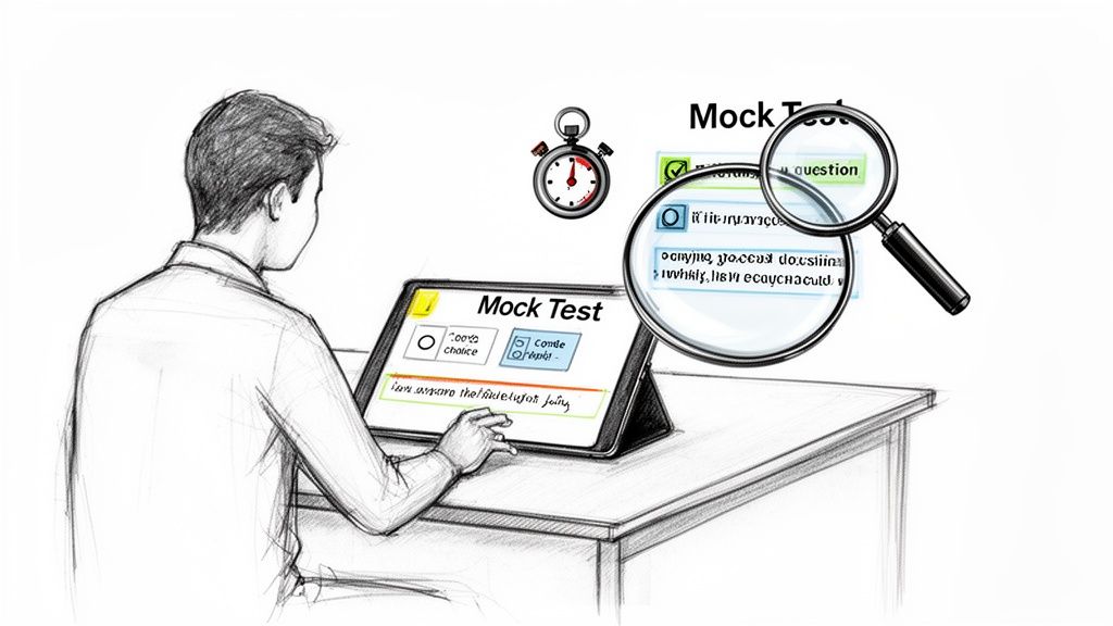 Sketch of a student taking a digital mock test on a tablet, emphasizing time and question details.