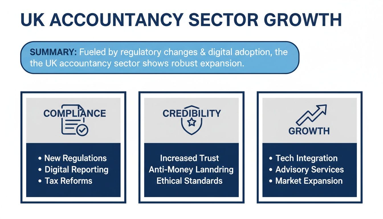 Infographic showing UK accountancy sector growth drivers: compliance, credibility, and market expansion.
