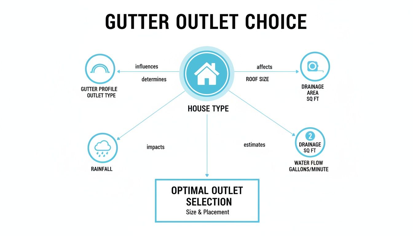 A diagram illustrating factors like house type, rainfall, and roof size for optimal gutter outlet selection.