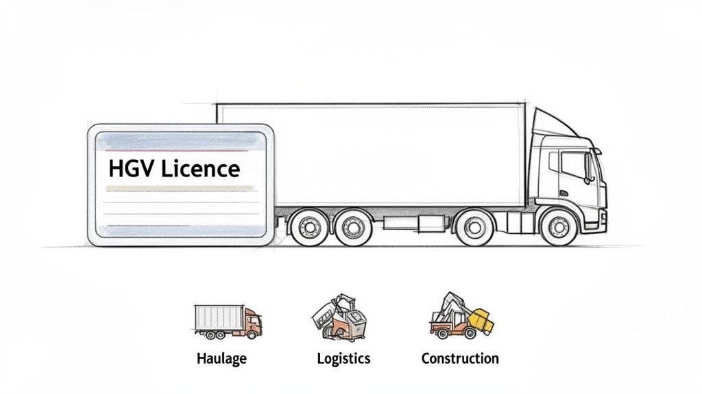 Illustration of an HGV Licence card next to a heavy goods vehicle, showing industries like haulage, logistics, and construction.