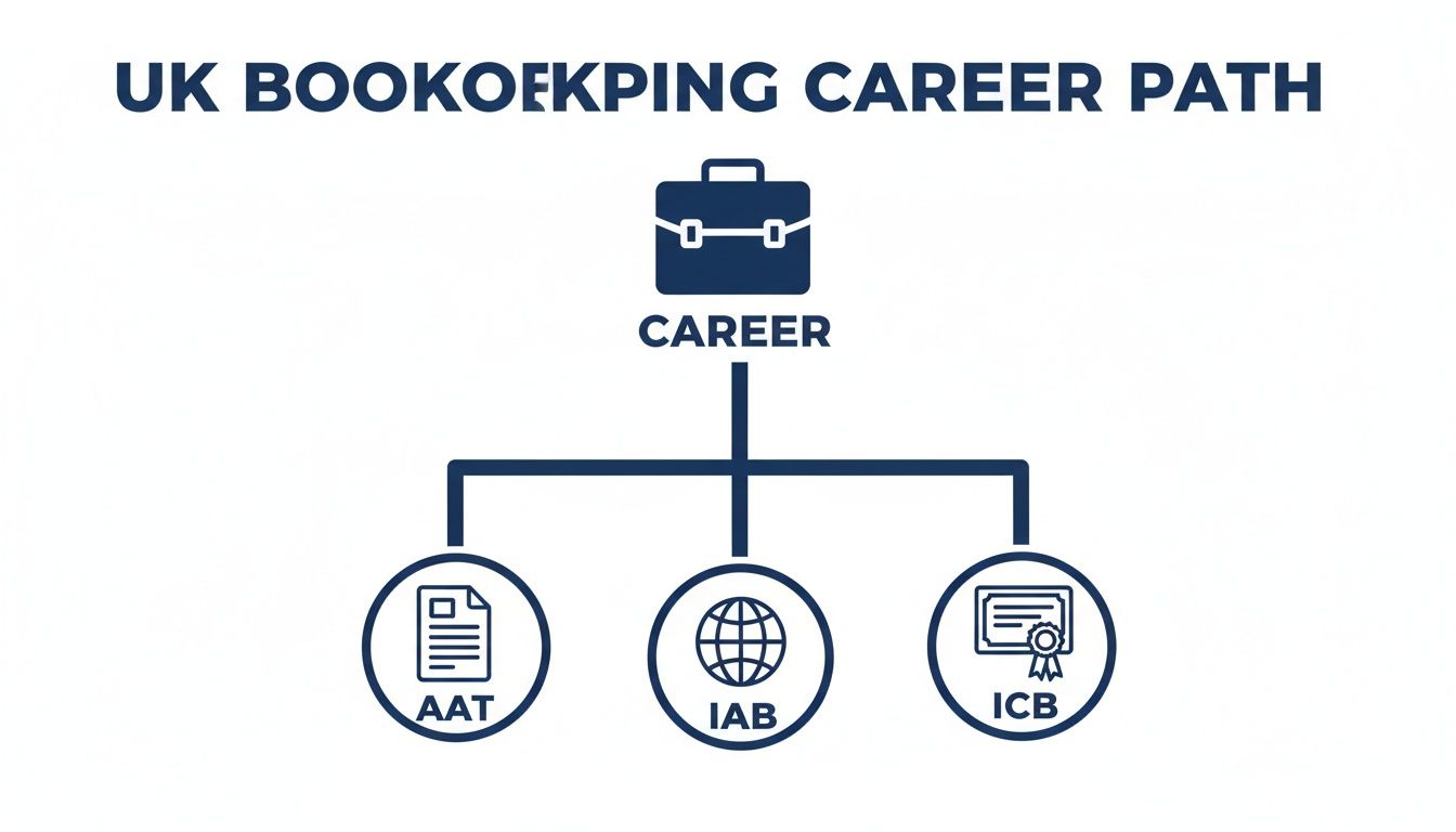 A diagram illustrating the UK bookkeeping career path, highlighting AAT, IAB, and ICB qualifications.