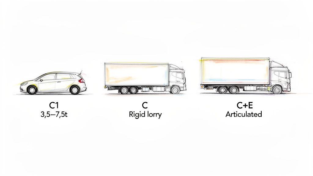 Illustration of different commercial vehicle types: a C1 car (3.5-7.5t), a C rigid lorry, and a C+E articulated lorry.