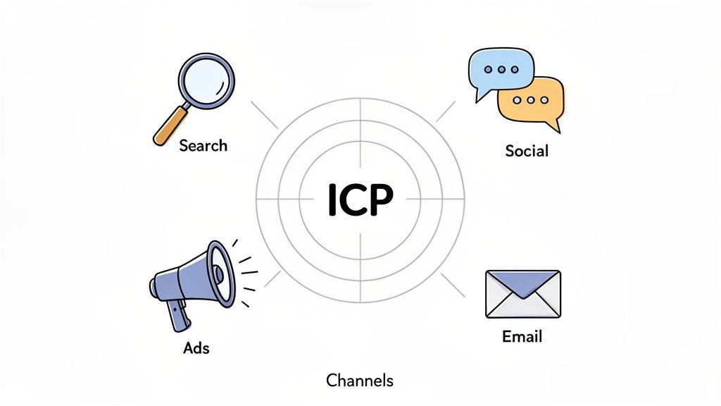 Diagram showing Ideal Customer Profile (ICP) at the center, targeted by search, social, ads, and email channels.