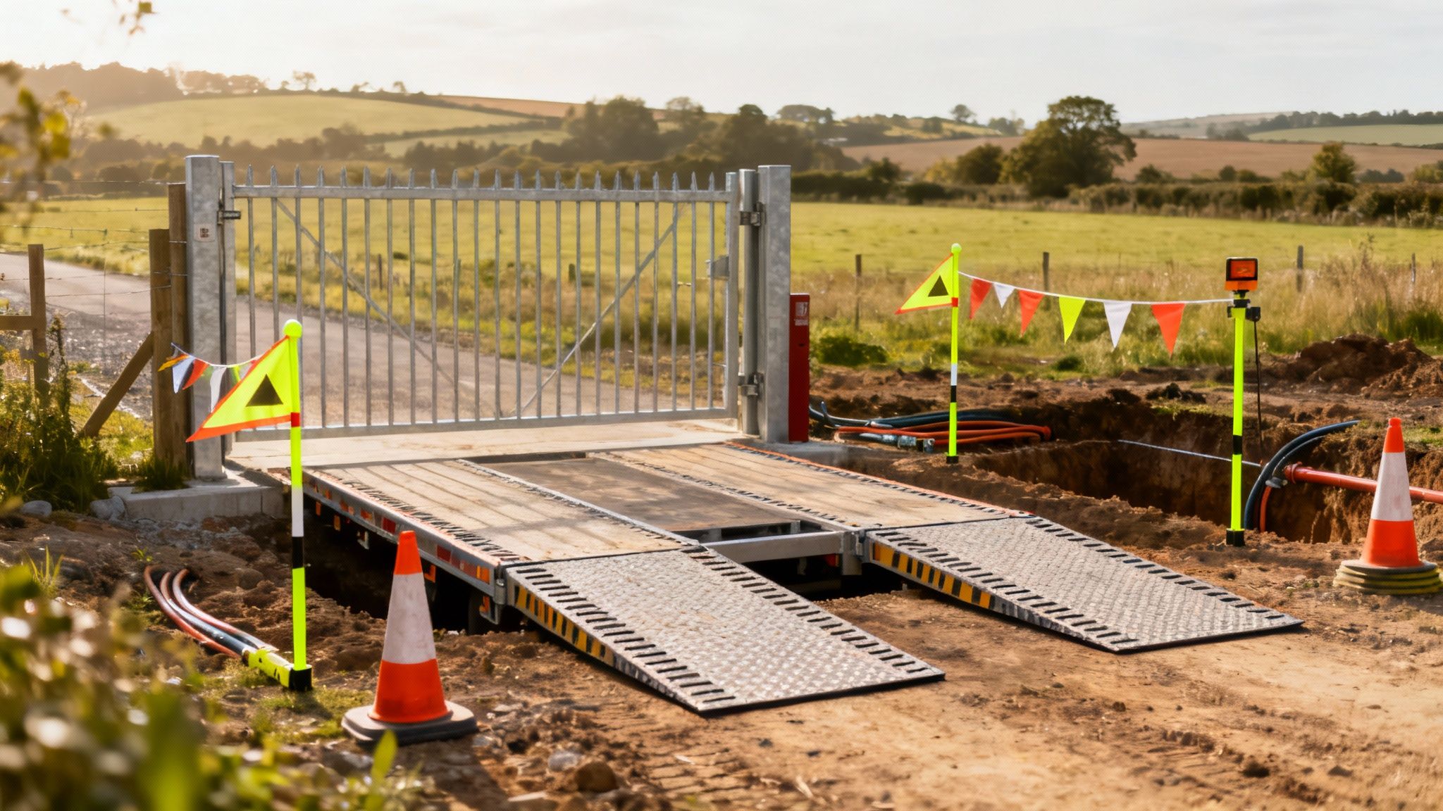 A rural construction site with a new gate, temporary road, trench, and safety markers.