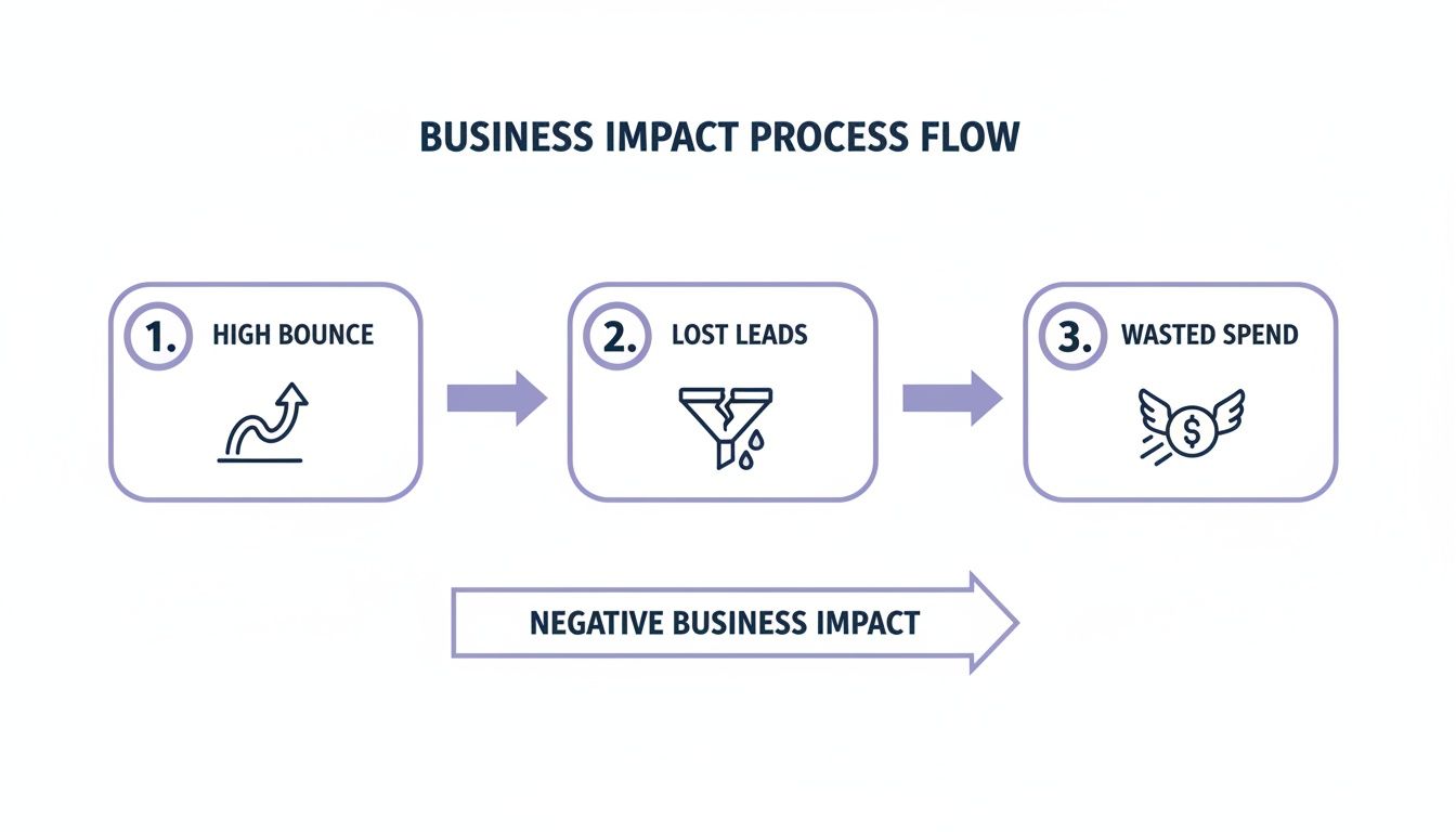 Business impact process flow illustrating how high bounce leads to lost leads and wasted spend.