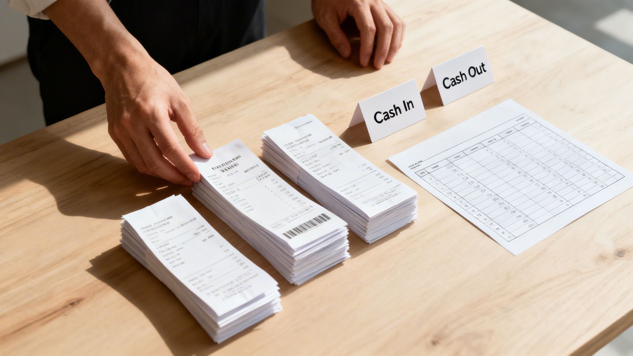 Hands organizing stacks of receipts, 'Cash In' and 'Cash Out' signs, and a financial ledger on a wooden desk.