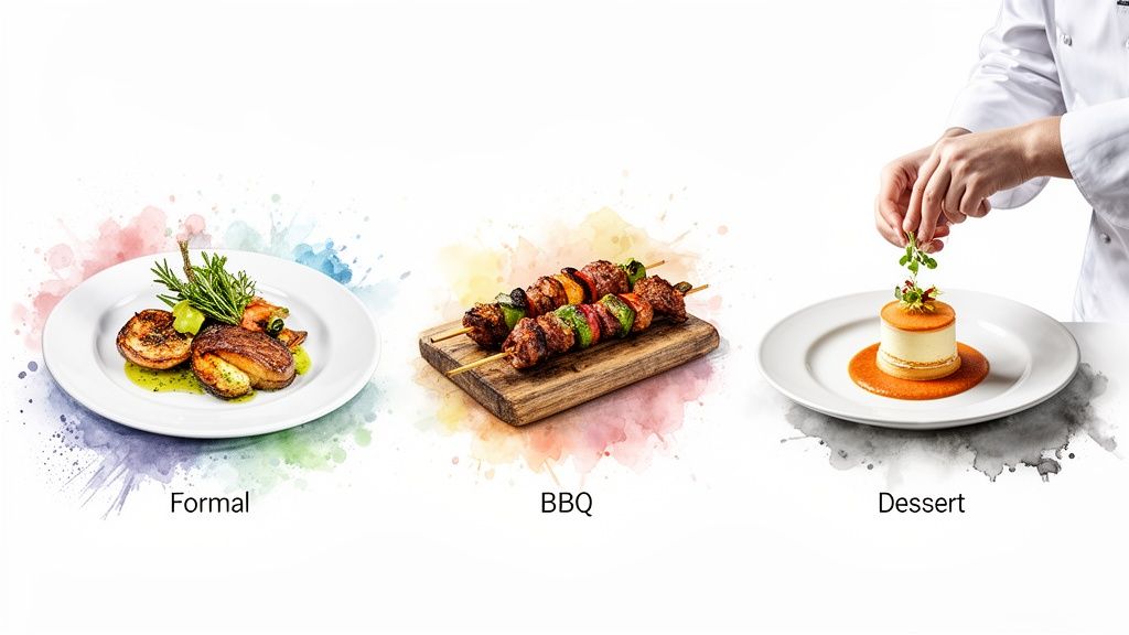 Three diverse meals: formal plated dish, BBQ skewers, and a dessert being garnished by a chef.