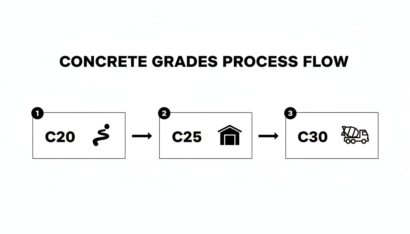 Flow chart detailing concrete grades C20, C25, and C30 with their respective usage icons.