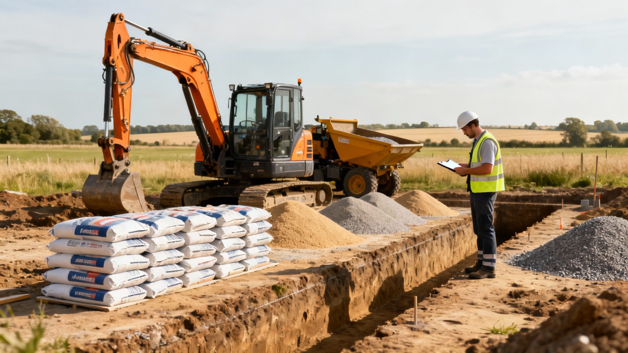 A construction worker with a hard hat and high-vis vest inspects a building foundation site.