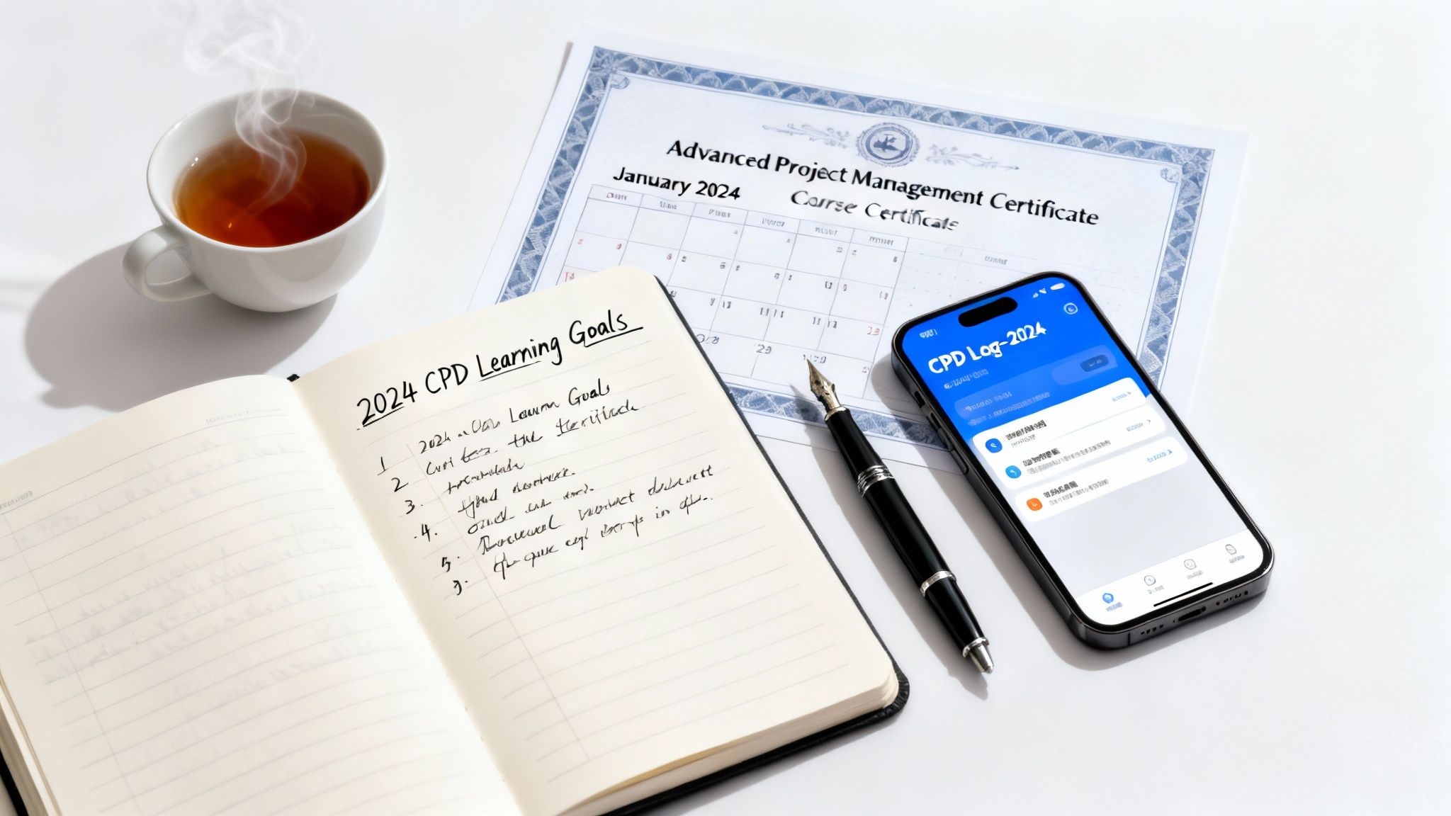 Flat lay of a notebook with 2024 CPD learning goals, a certificate, a phone with a CPD log app, and a cup of tea.