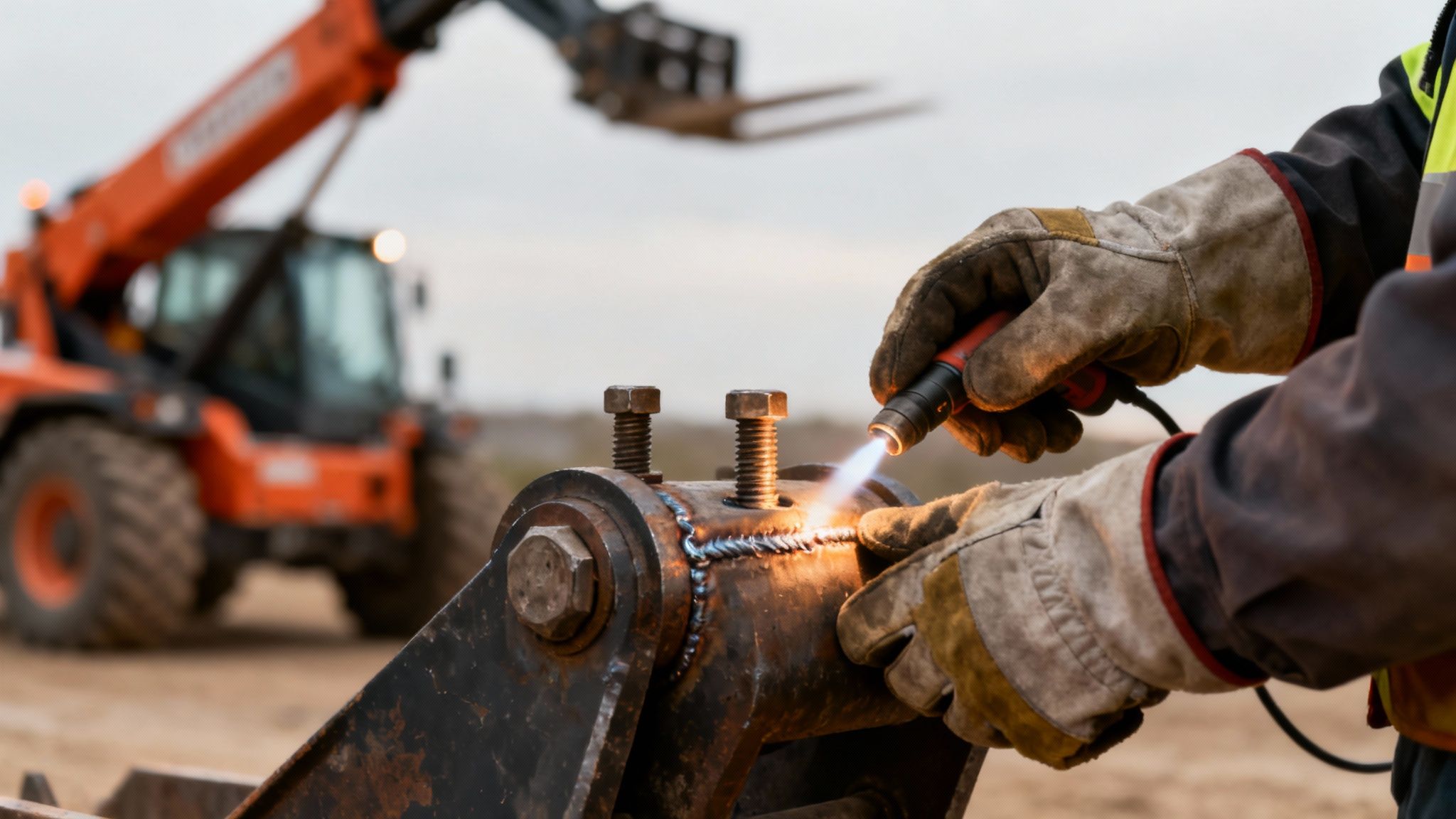 A worker in gloves uses a welding torch to repair a metal attachment, with a telehandler in the background.