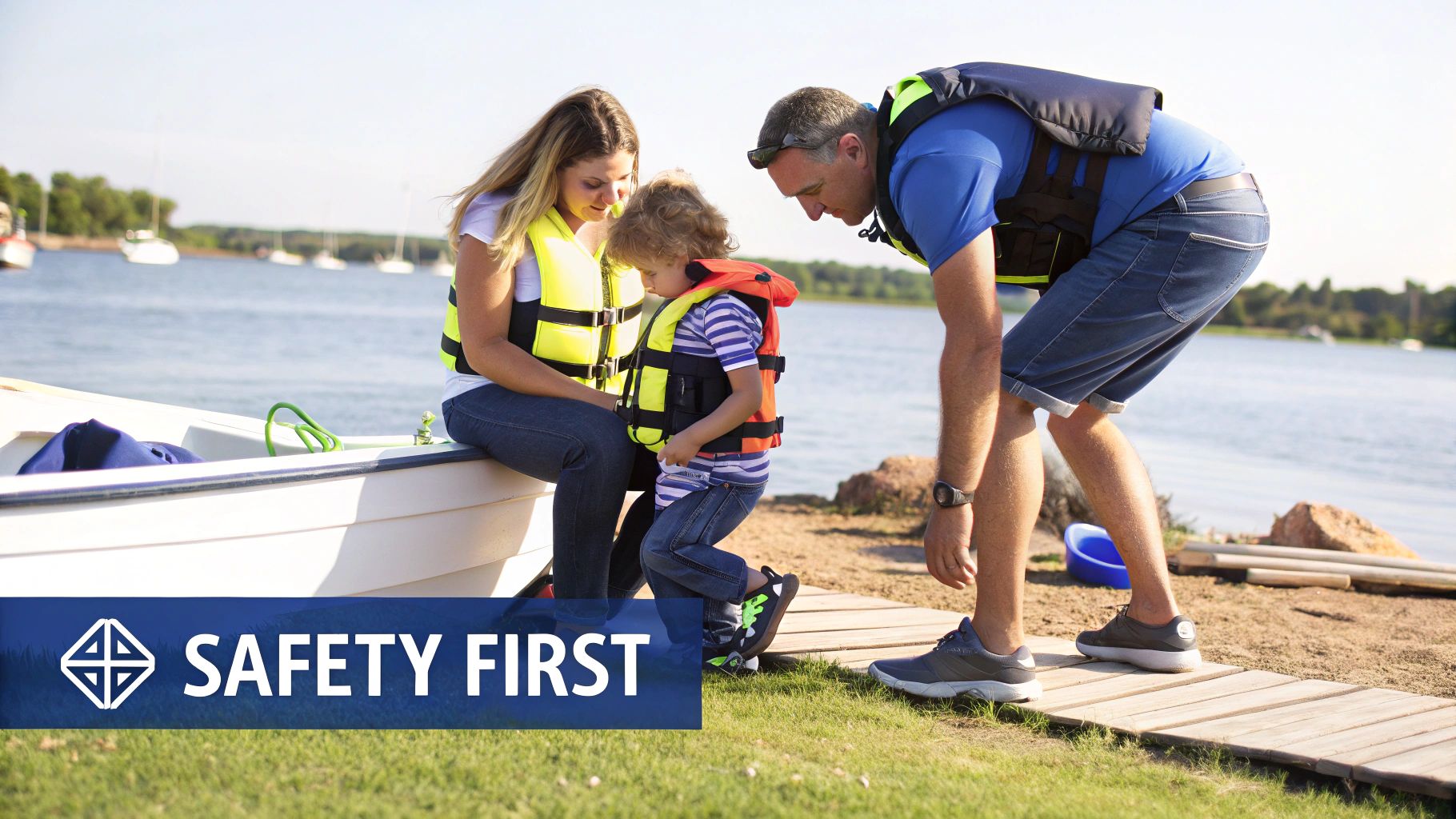 A family in life jackets prepares for boating on a lake, emphasizing water safety.