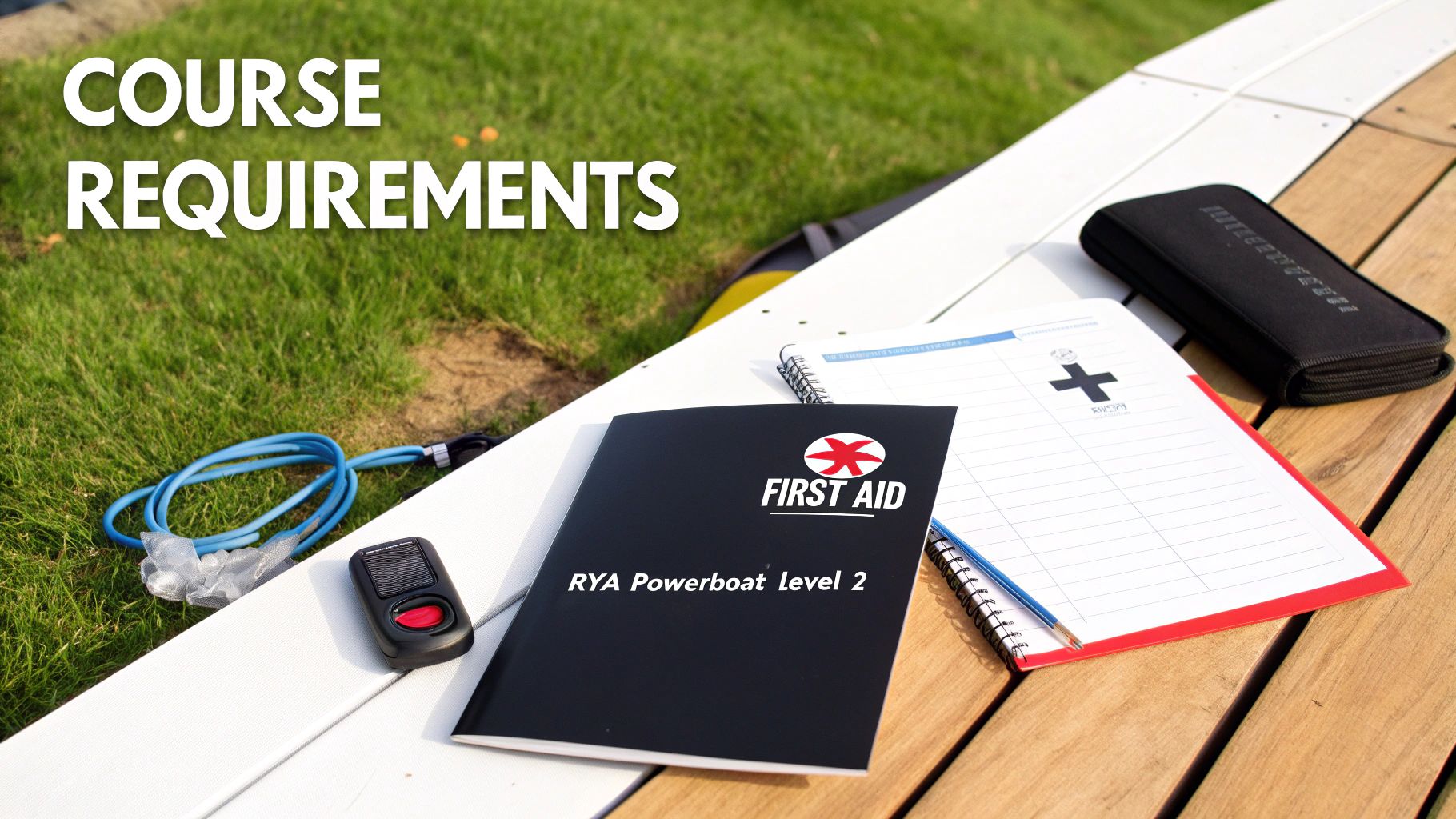 Course requirements with First Aid and RYA Powerboat Level 2 textbooks, alongside other equipment.