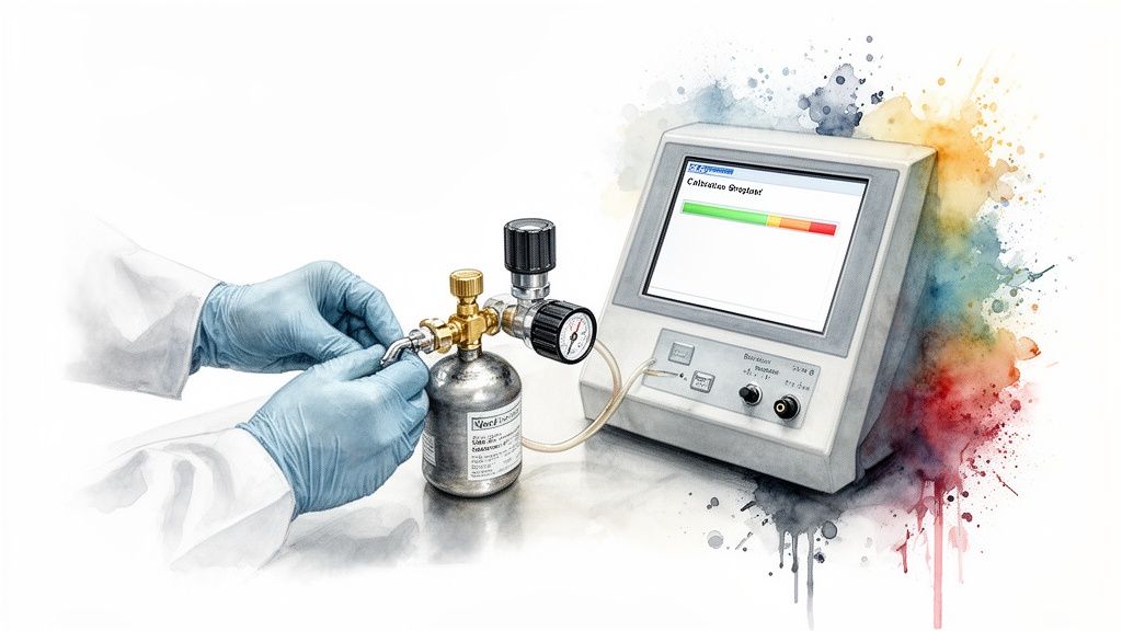 A person in blue gloves connects a gas cylinder to a calibration device with a progress bar screen.