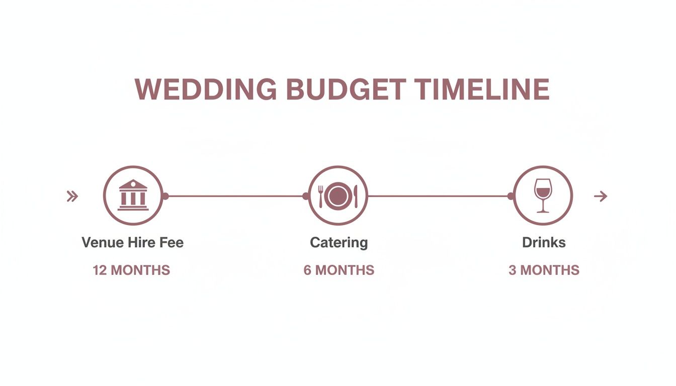 A wedding budget timeline infographic showing key expenses: venue hire, catering, and drinks with suggested timeframes.