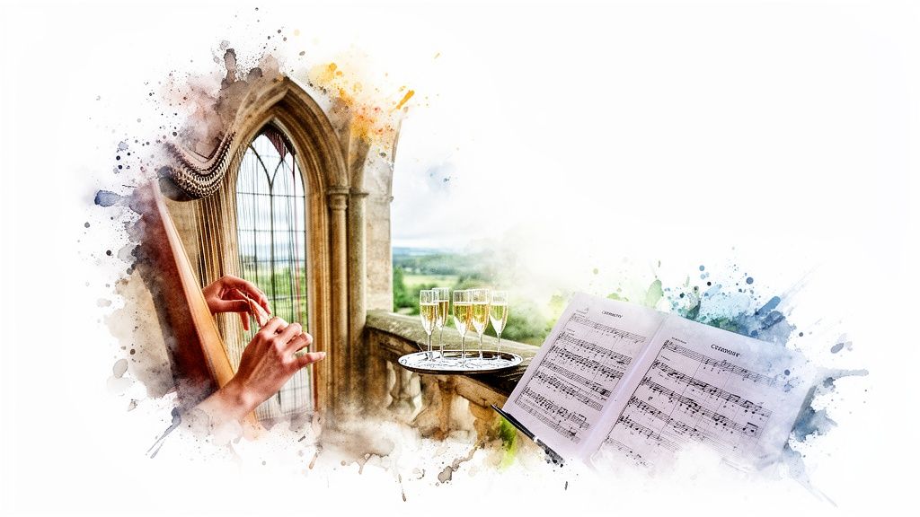 Hands playing a harp on a balcony overlooking a landscape, with champagne and sheet music.