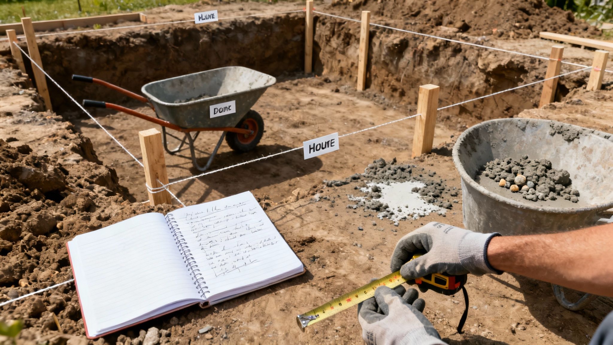 A construction worker measures the ground for a house foundation, with concrete, a wheelbarrow, and a notebook.
