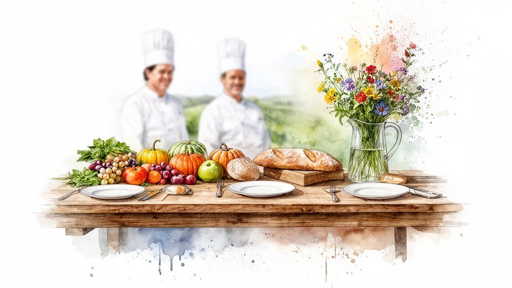 Watercolor art shows a rustic table laden with fresh harvest produce, bread, and wildflowers, with chefs behind.