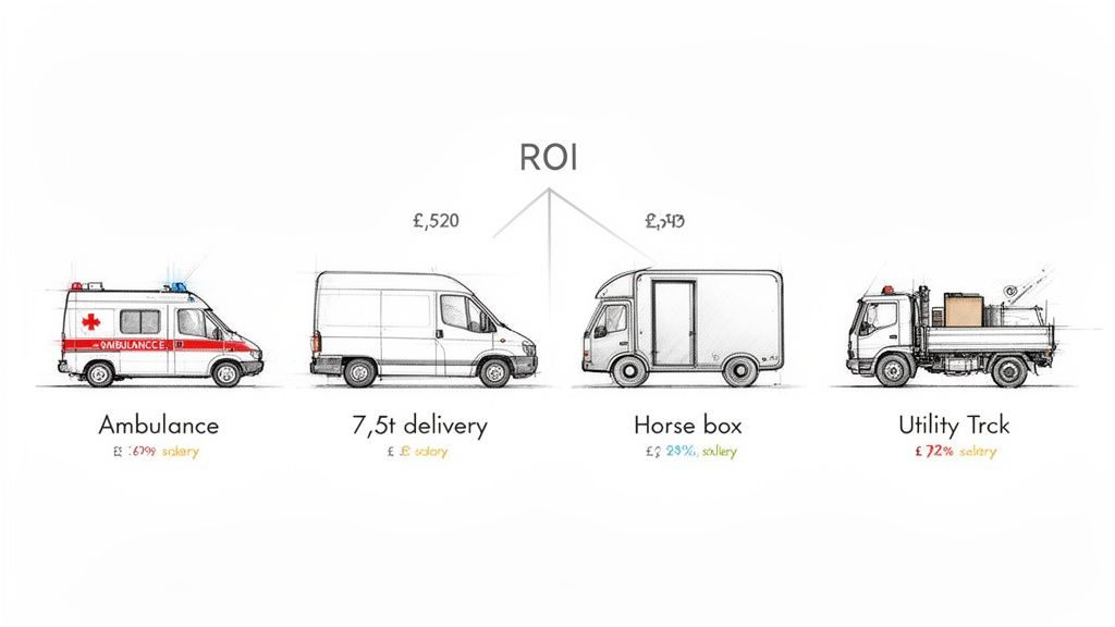 Illustration showing four commercial vehicles: Ambulance, 7.5t delivery van, Horse box, and Utility Truck, with ROI figures and salary percentages.