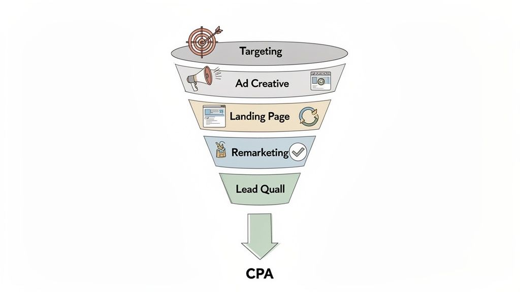 A detailed marketing funnel showing the journey from targeting and ad creative to lead quality and CPA.