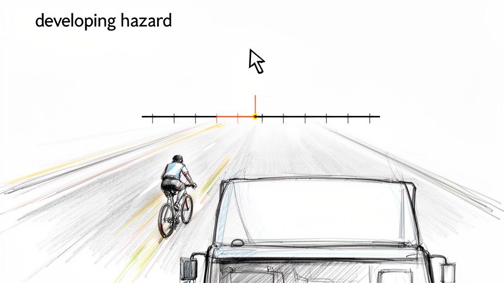 A driver's perspective sketch of a road with a cyclist ahead and a developing road hazard indicated.
