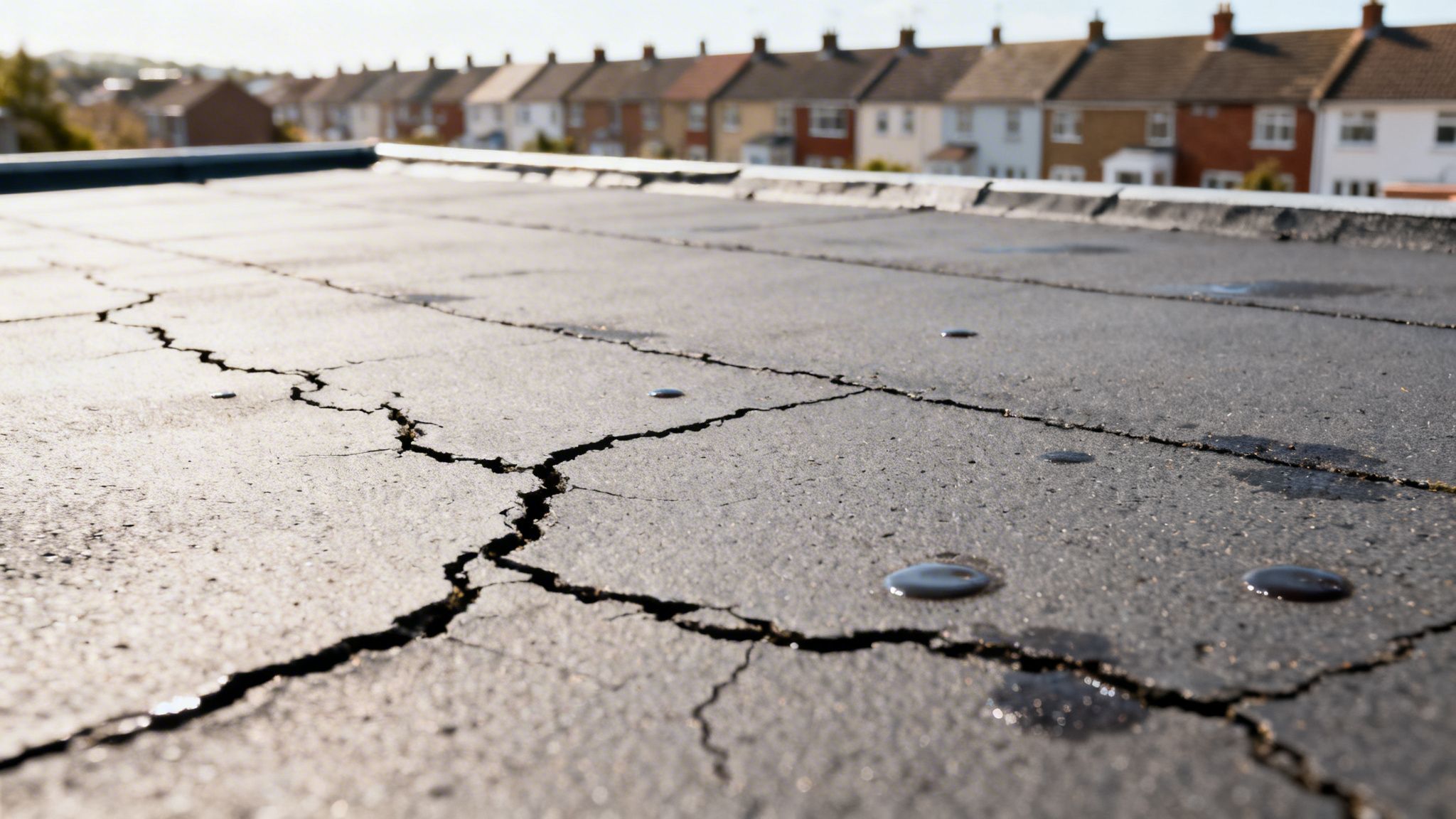 A severely cracked asphalt roof with small puddles of water, suggesting significant wear and tear, with houses in the background.