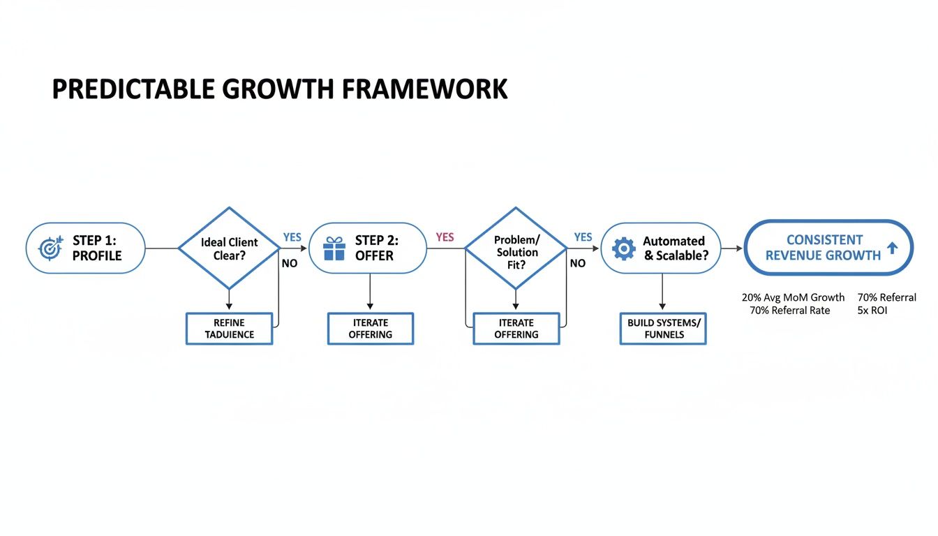 Flowchart illustrating the Predictable Growth Framework, detailing steps from client profiling to automated revenue growth.
