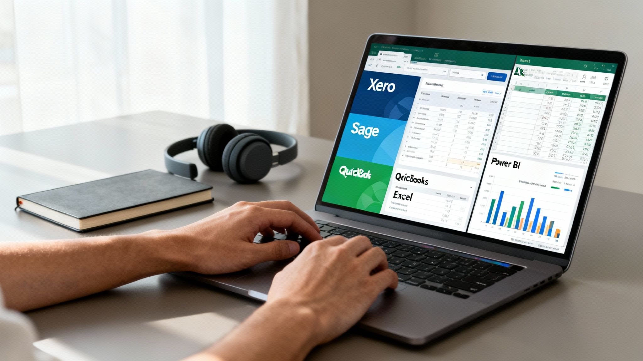 Person working on a laptop displaying various accounting and business intelligence software applications.