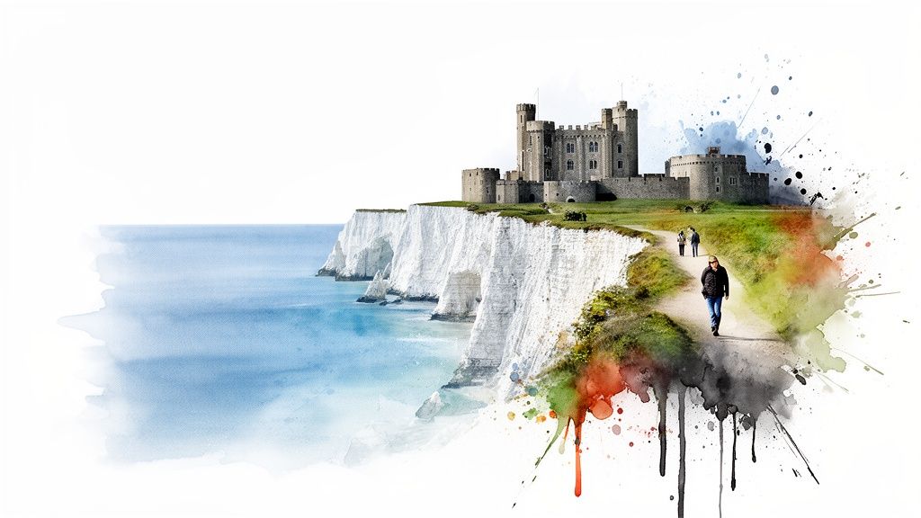 Historic castle atop white cliffs overlooking a blue sea, with people walking on a coastal path.