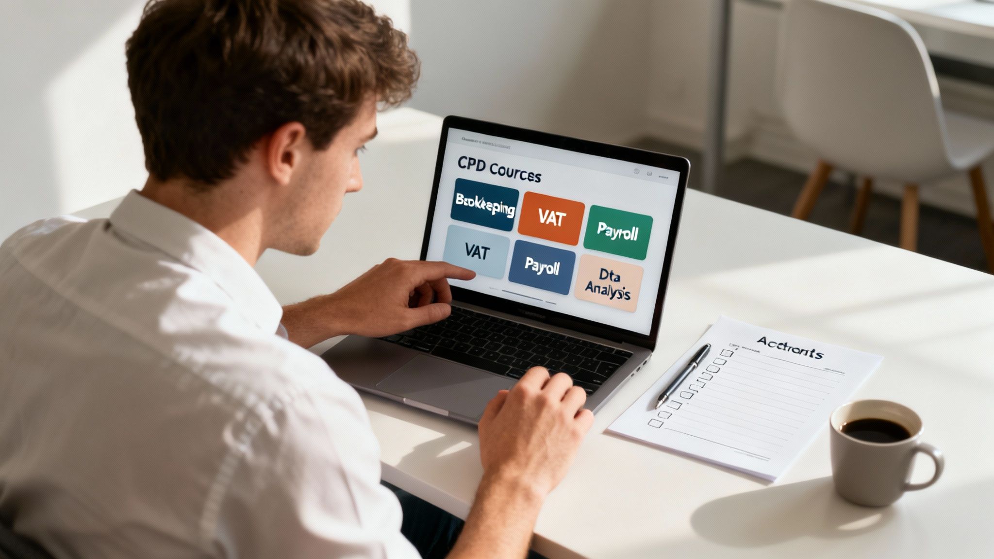 Person engaging with a laptop displaying CPD courses like Bookkeeping, VAT, and Payroll.