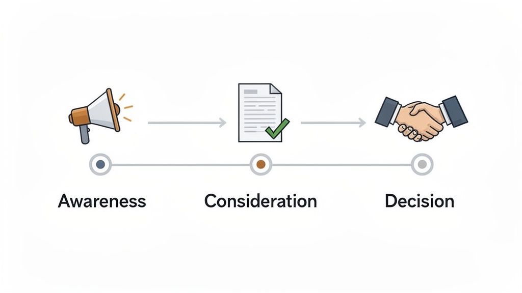 A marketing funnel diagram showing awareness, consideration, and decision stages with corresponding icons.