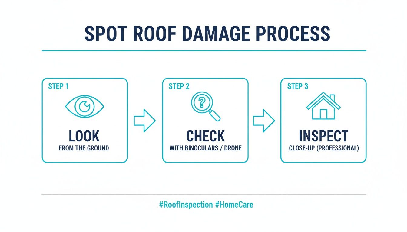 Infographic outlining a 3-step process for spotting roof damage: look, check, and professional inspection.