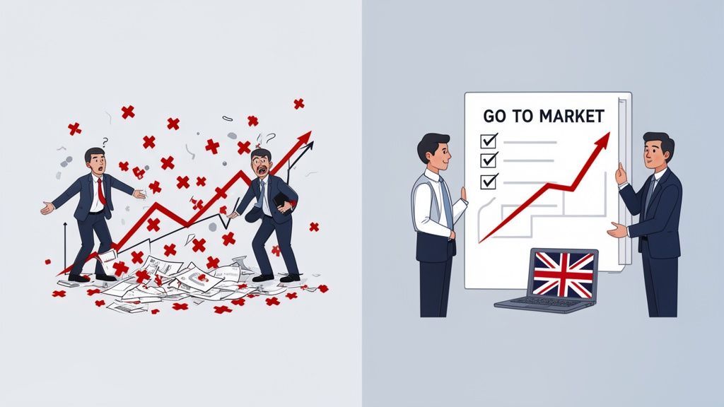 Two businessmen contrasting failed strategy with a successful 'Go To Market' plan for the UK market.