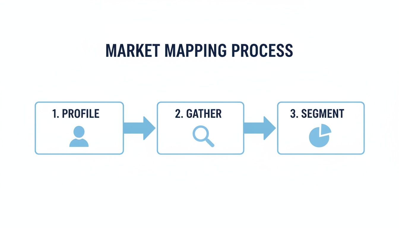Flowchart illustrating the market mapping process with three stages: profile, gather data, and segment market.