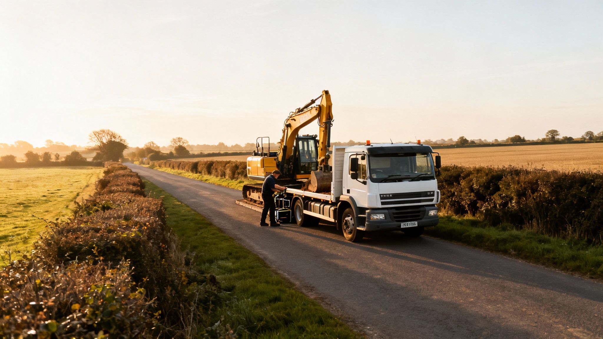 A man adjusts equipment next to a yellow excavator loaded on a flatbed truck on a rural road at sunrise.
