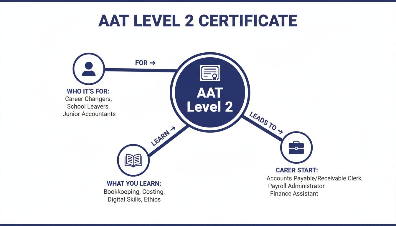Flowchart detailing the AAT Level 2 Certificate: target audience, skills gained, and career outcomes.