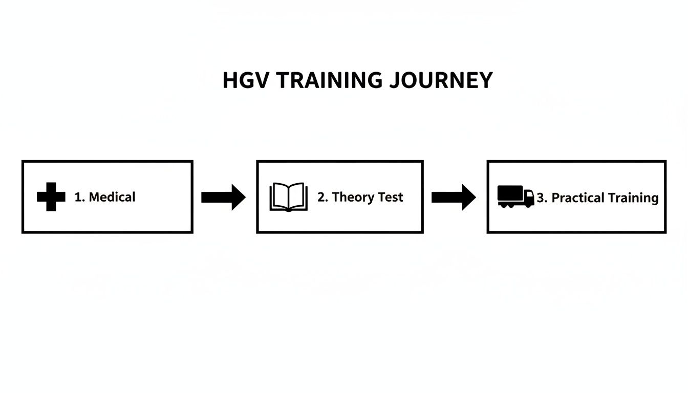 A flowchart outlines the HGV training journey, showing steps: Medical, Theory Test, and Practical Training.