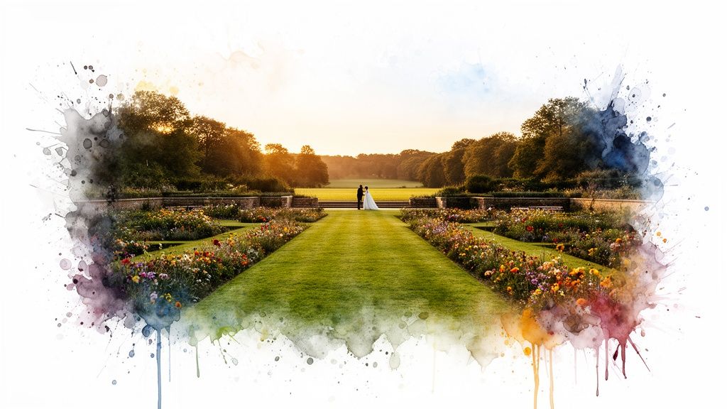 A watercolor image of a bride and groom standing in a beautiful formal garden at sunset.