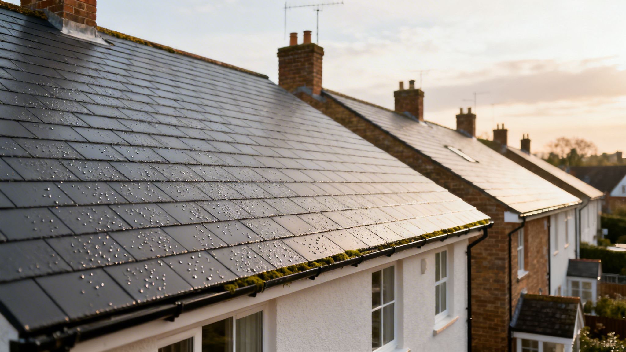 Dark grey composite panel roofs with water droplets and moss, stretching into the distance at sunset.