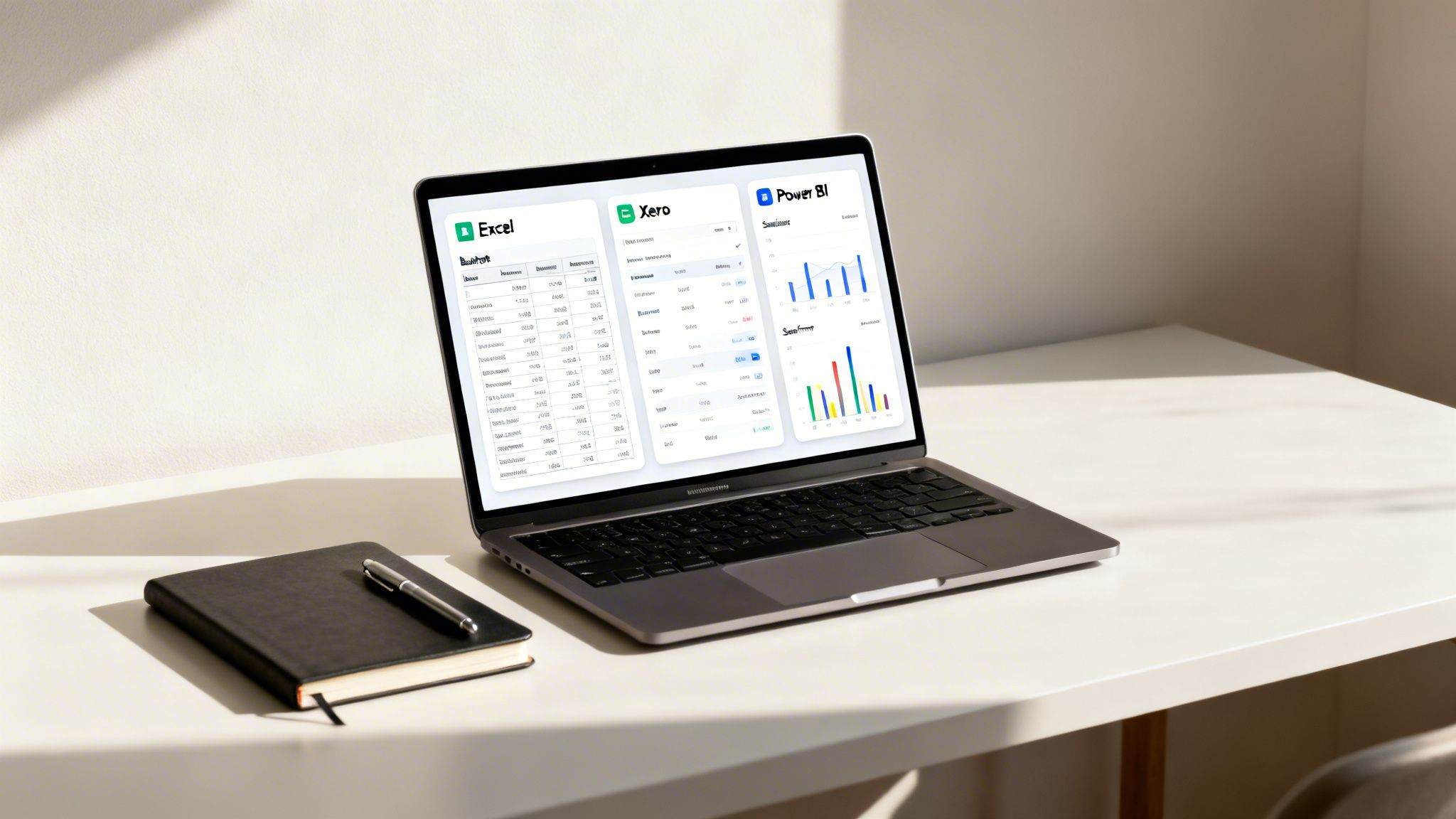 Laptop displaying Excel, Xero, and Power BI dashboards on a white desk with a notebook and pen.