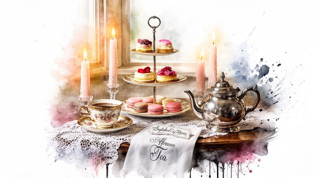 Elegant watercolor illustration of an afternoon tea setting with desserts, teapot, teacup, and candles.
