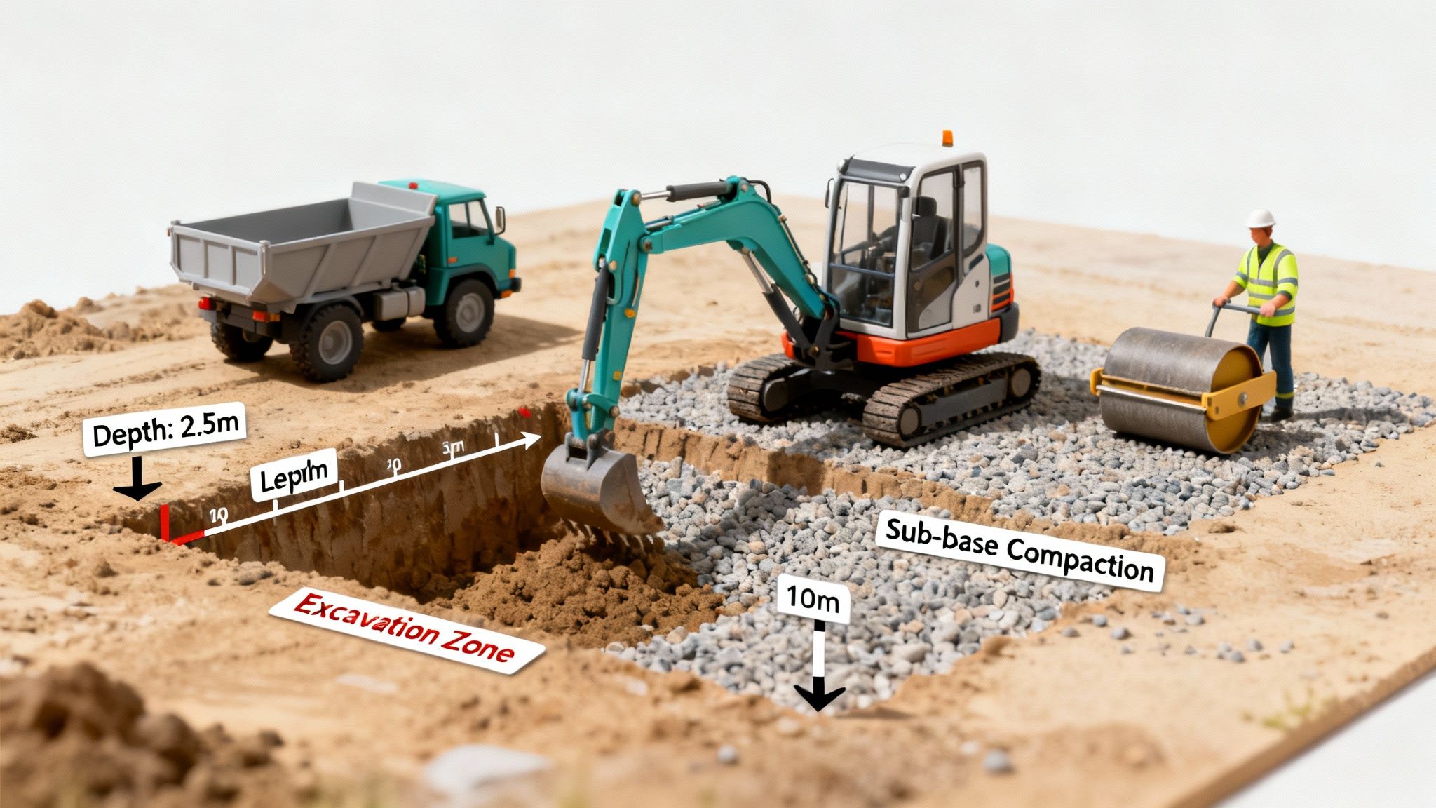 Miniature construction site with an excavator, dump truck, and worker compacting sub-base.