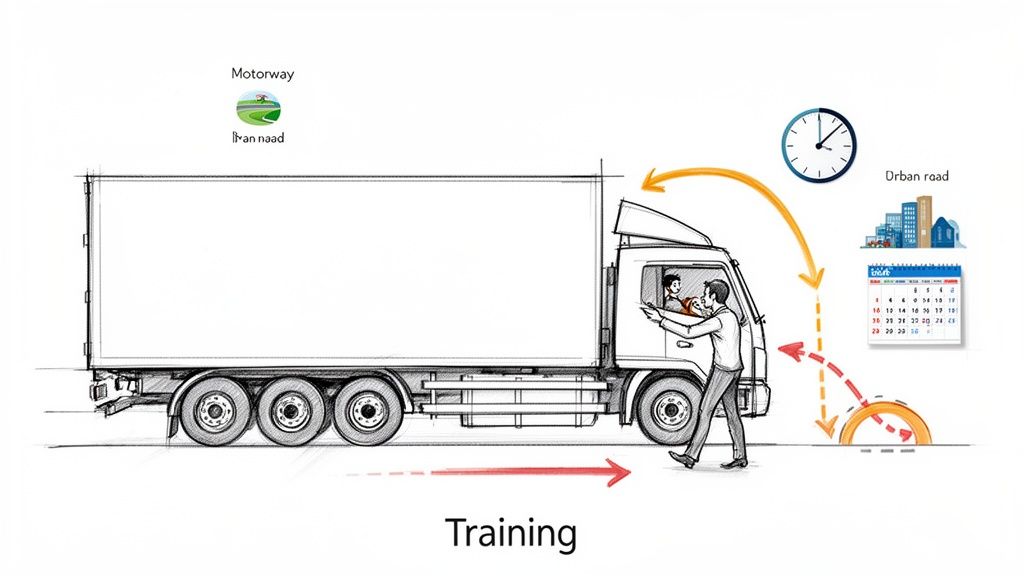 Illustration showing an HGV truck and driver training concepts like road types, time, and scheduling.