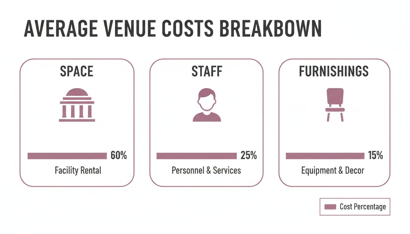 Infographic showing average venue cost breakdown: 60% for space, 25% for staff, 15% for furnishings.