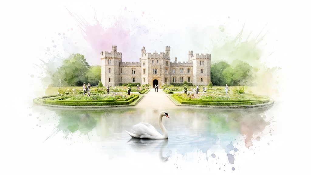 Watercolor painting of a historic castle, manicured gardens, a pond with a swan, and people enjoying the view.