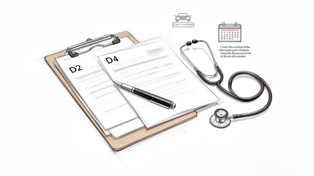 Illustration of medical forms D2, D4, a pen, and a stethoscope for HGV driver medicals.