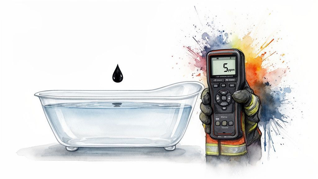 A single black drop falls into a bathtub of water, with a firefighter's hand holding a gas detector showing 5 ppm.