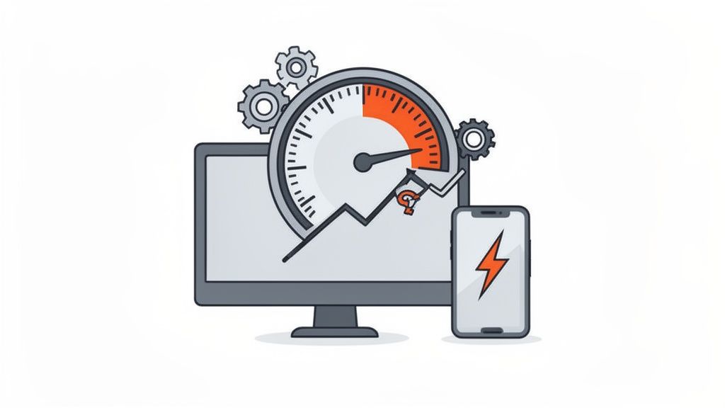 Illustration of digital performance with a speed gauge, gears, and a rising graph over a computer and phone.